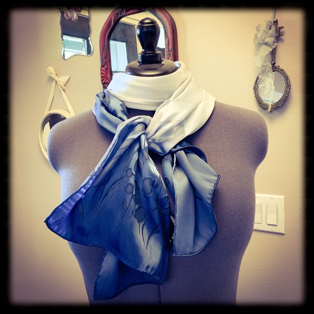 Oblong blue & white silk scarf 60”x15”